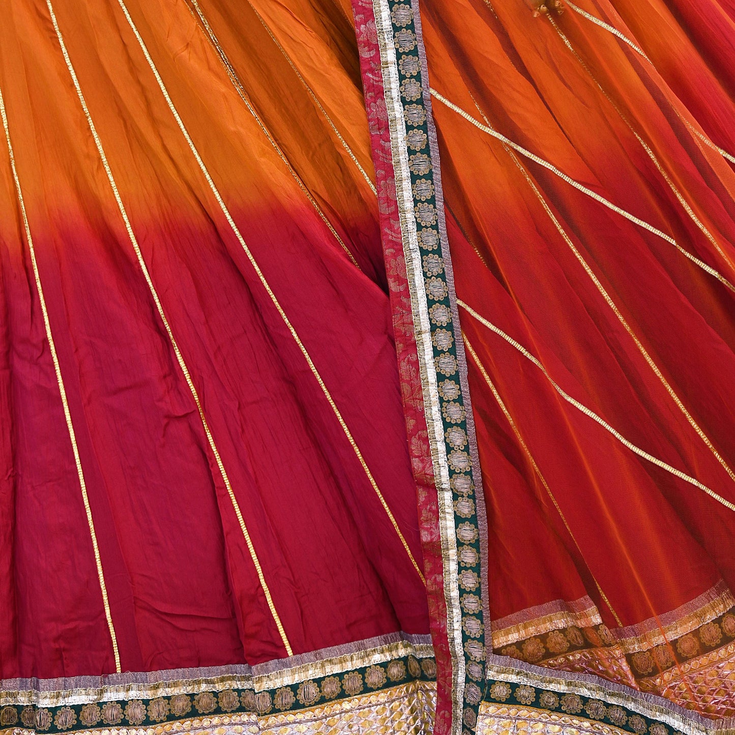 Indian Pre-owned Maroon & Orange Pure Silk Net Hand Embroidered Lehenga 3pcs Set Bridal Party Wear With Blouse/Dupatta Bollywood Lehenga