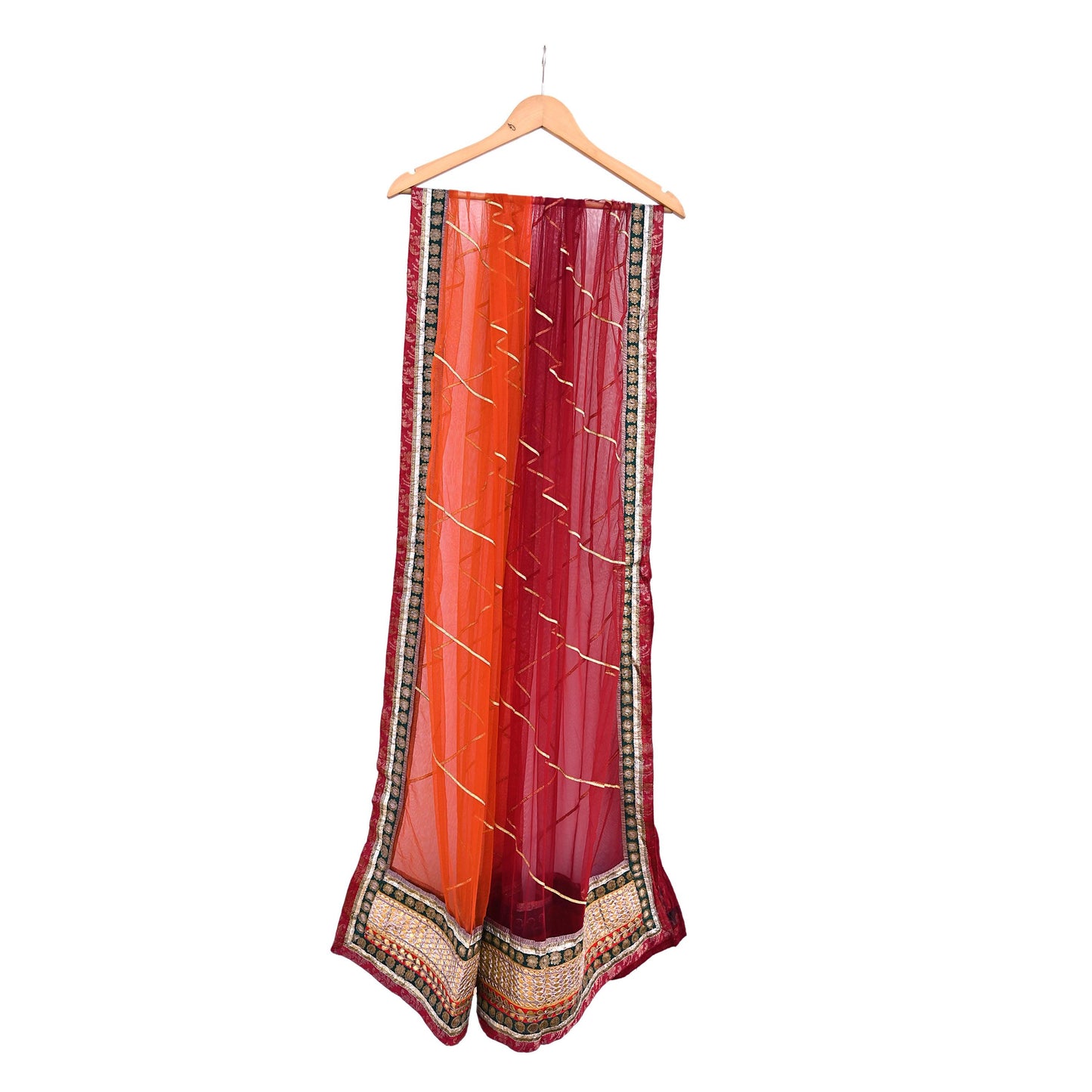 Indian Pre-owned Maroon & Orange Pure Silk Net Hand Embroidered Lehenga 3pcs Set Bridal Party Wear With Blouse/Dupatta Bollywood Lehenga