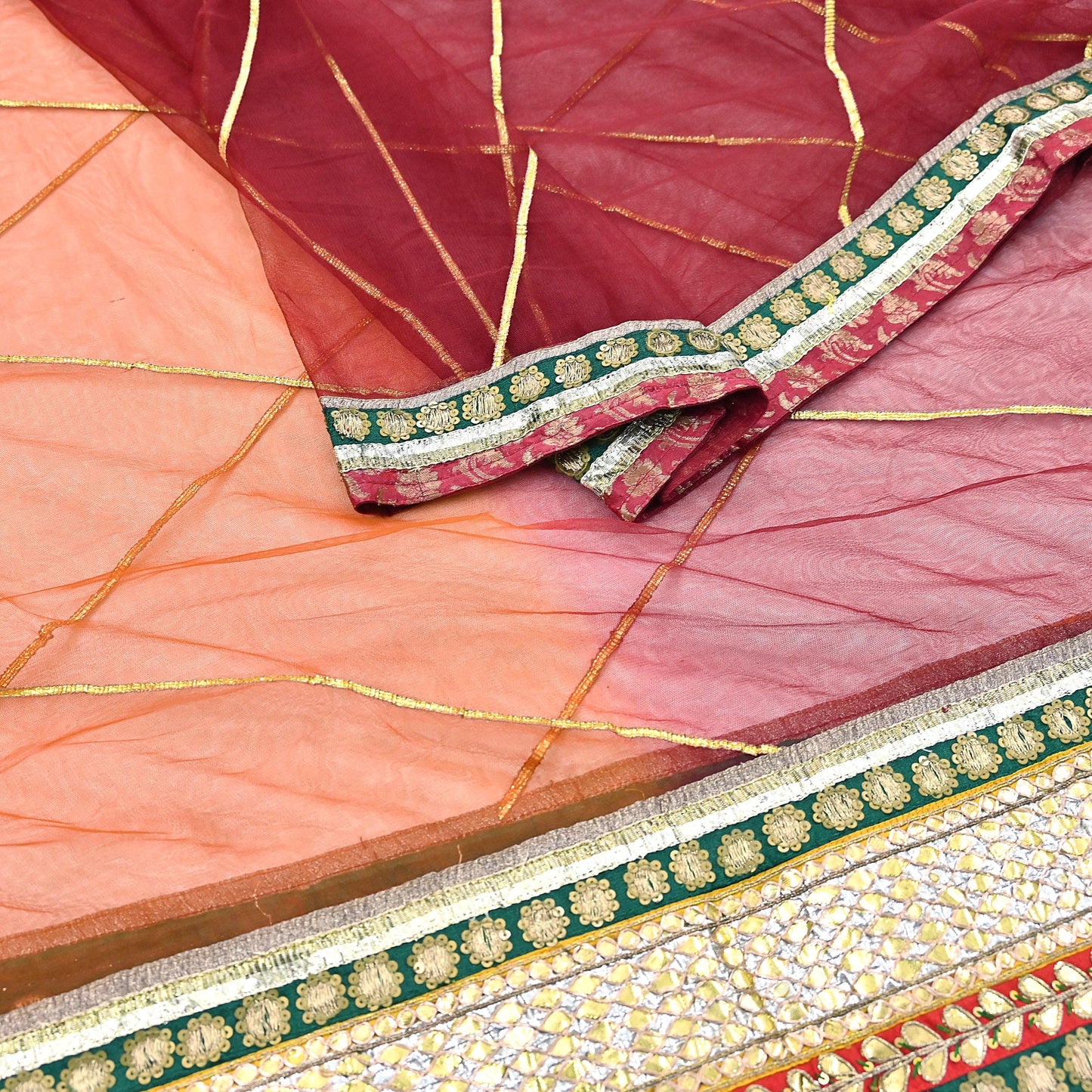 Indian Vintage Heavy Bridal Dupatta Orange & maroon Net Mesh Long Stole Hand Embroidered Scarves Golden Gota Patti Wedding/Party Wear