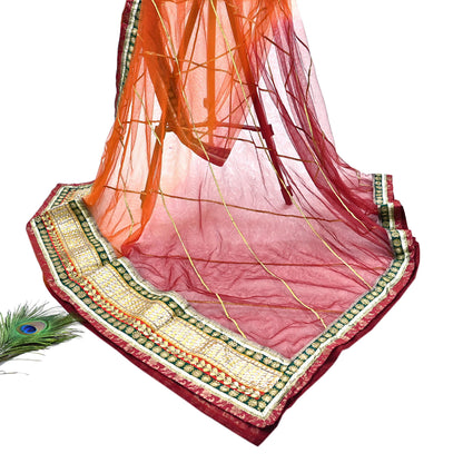 Indian Vintage Heavy Bridal Dupatta Orange & maroon Net Mesh Long Stole Hand Embroidered Scarves Golden Gota Patti Wedding/Party Wear