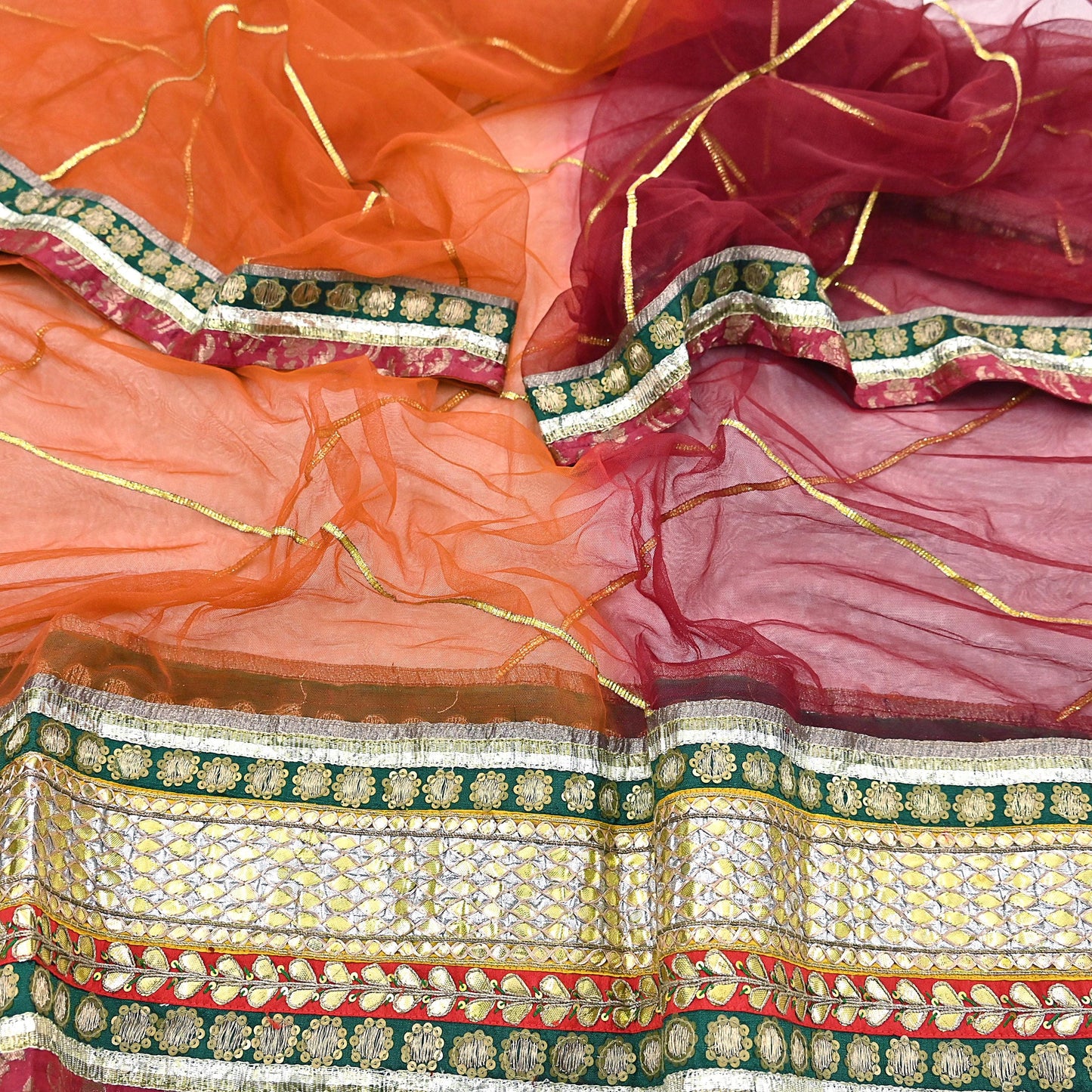 Indian Vintage Heavy Bridal Dupatta Orange & maroon Net Mesh Long Stole Hand Embroidered Scarves Golden Gota Patti Wedding/Party Wear