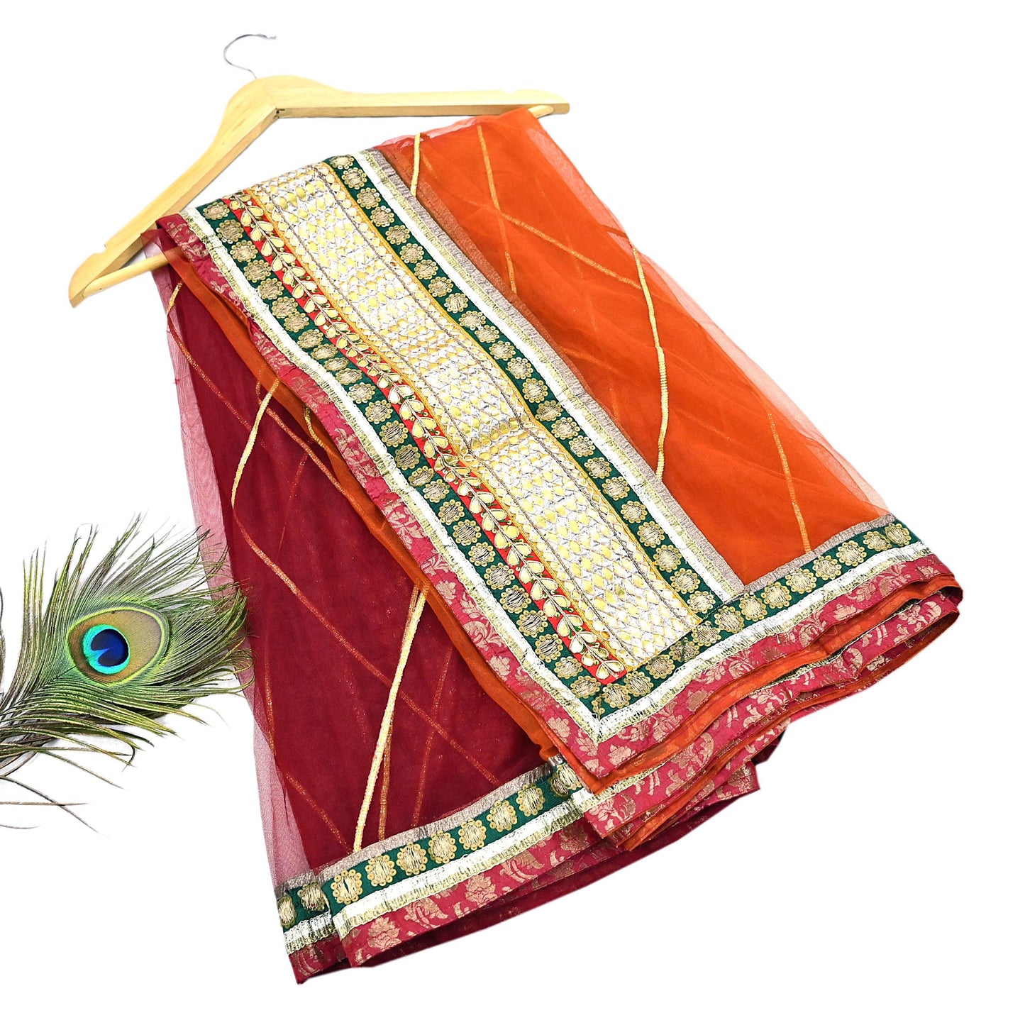Indian Vintage Heavy Bridal Dupatta Orange & maroon Net Mesh Long Stole Hand Embroidered Scarves Golden Gota Patti Wedding/Party Wear