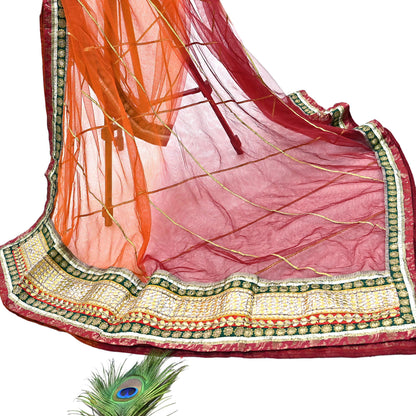 Indian Vintage Heavy Bridal Dupatta Orange & maroon Net Mesh Long Stole Hand Embroidered Scarves Golden Gota Patti Wedding/Party Wear