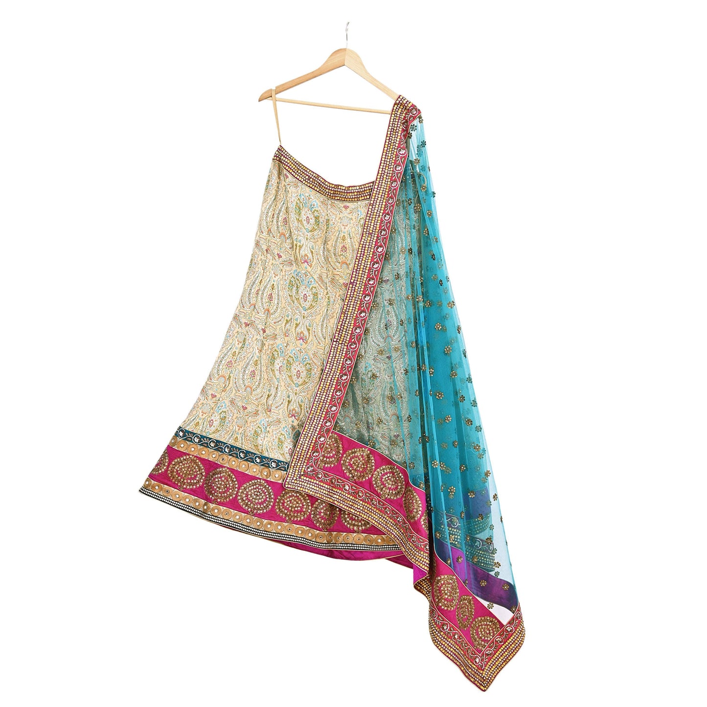 Indian New Heavy Beige & blue Colored Pure Silk/Net Hand Embroidered Lehenga 3pcs Set By Designer Sabyasachi Bridal Wear With Blouse Fabric