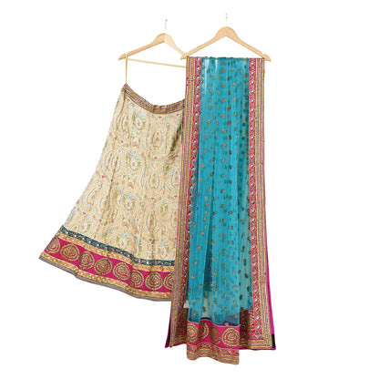Indian New Heavy Beige & blue Colored Pure Silk/Net Hand Embroidered Lehenga 3pcs Set By Designer Sabyasachi Bridal Wear With Blouse Fabric