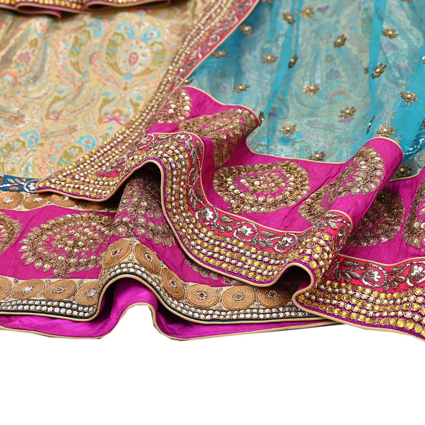 Indian New Heavy Beige & blue Colored Pure Silk/Net Hand Embroidered Lehenga 3pcs Set By Designer Sabyasachi Bridal Wear With Blouse Fabric