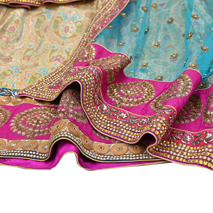 Indian New Heavy Beige & blue Colored Pure Silk/Net Hand Embroidered Lehenga 3pcs Set By Designer Sabyasachi Bridal Wear With Blouse Fabric