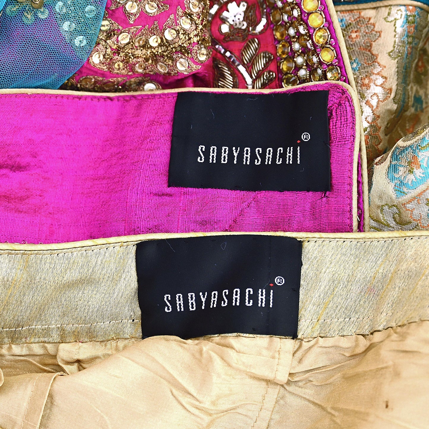 Indian New Heavy Beige & blue Colored Pure Silk/Net Hand Embroidered Lehenga 3pcs Set By Designer Sabyasachi Bridal Wear With Blouse Fabric