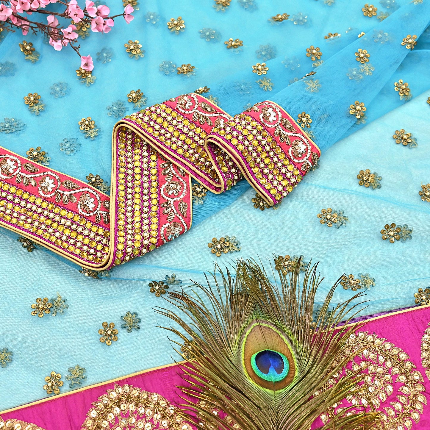Indian Vintage Heavy Wedding Dupatta Blue Net Long Stole Hand Embroidered By Designer Sabyasachi Scarves Zardozi Bridal Veil