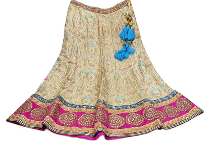 Indian Vintage Heavy Beige Pure Satin Silk Hand Embroidered Brocade Lehenga Skirt By Designer Sabyasachi Bridal Wear Dabka/ Zardozi