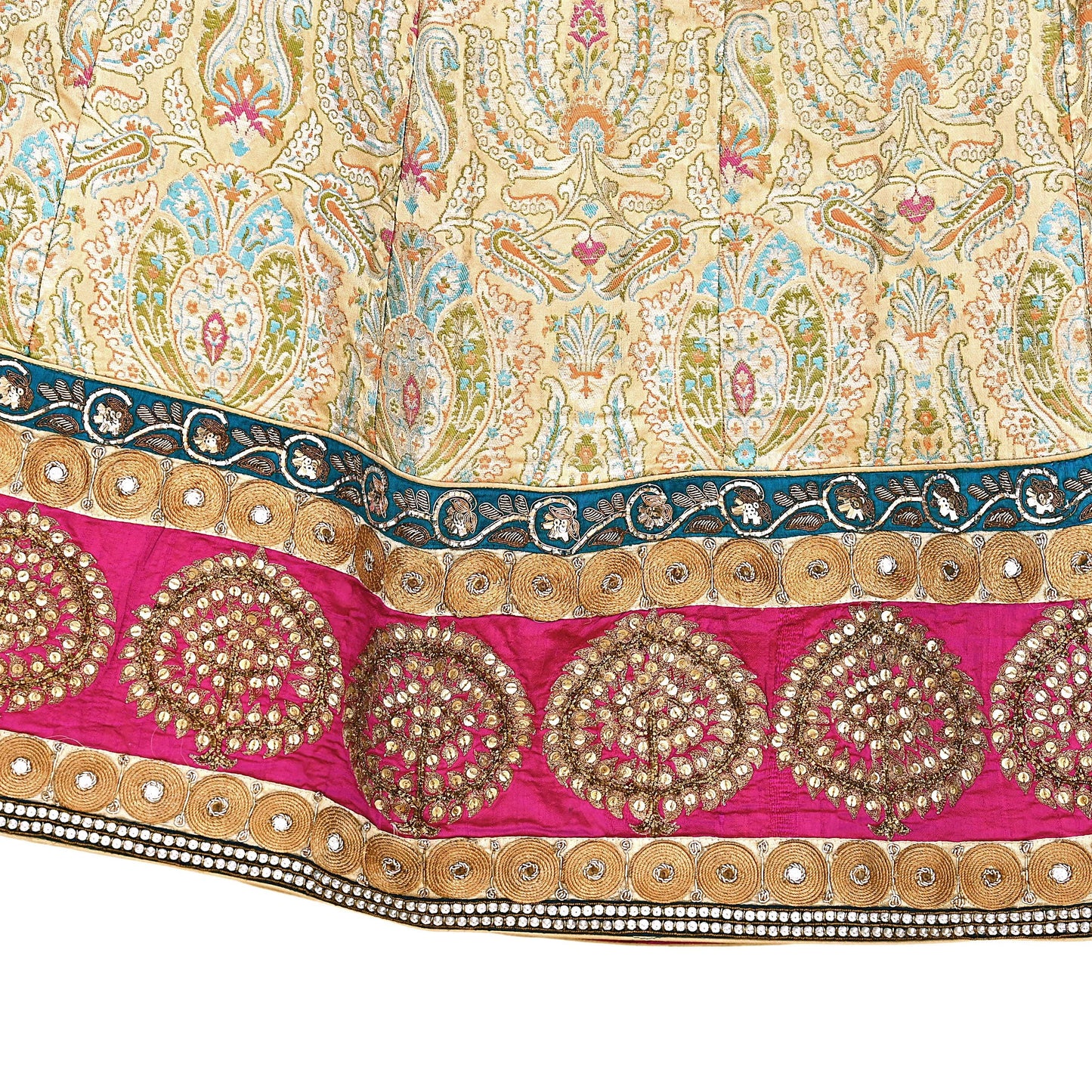 Indian Vintage Heavy Beige Pure Satin Silk Hand Embroidered Brocade Lehenga Skirt By Designer Sabyasachi Bridal Wear Dabka/ Zardozi