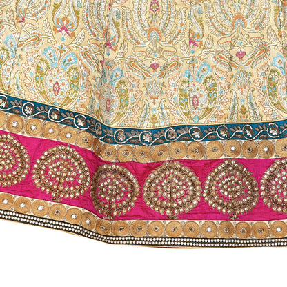 Indian Vintage Heavy Beige Pure Satin Silk Hand Embroidered Brocade Lehenga Skirt By Designer Sabyasachi Bridal Wear Dabka/ Zardozi