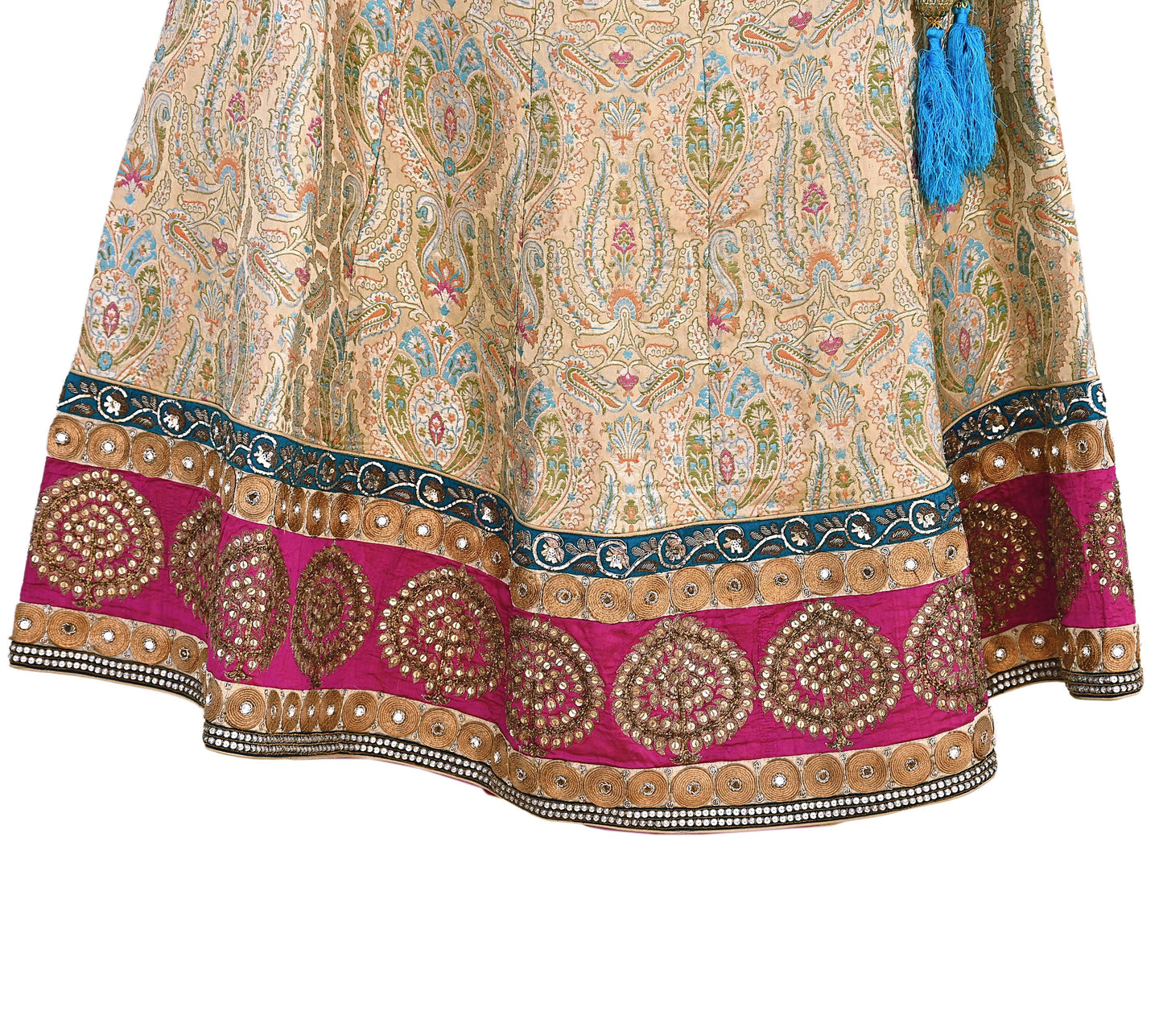 Indian Vintage Heavy Beige Pure Satin Silk Hand Embroidered Brocade Lehenga Skirt By Designer Sabyasachi Bridal Wear Dabka/ Zardozi