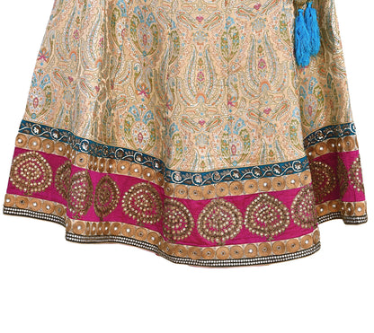 Indian Vintage Heavy Beige Pure Satin Silk Hand Embroidered Brocade Lehenga Skirt By Designer Sabyasachi Bridal Wear Dabka/ Zardozi