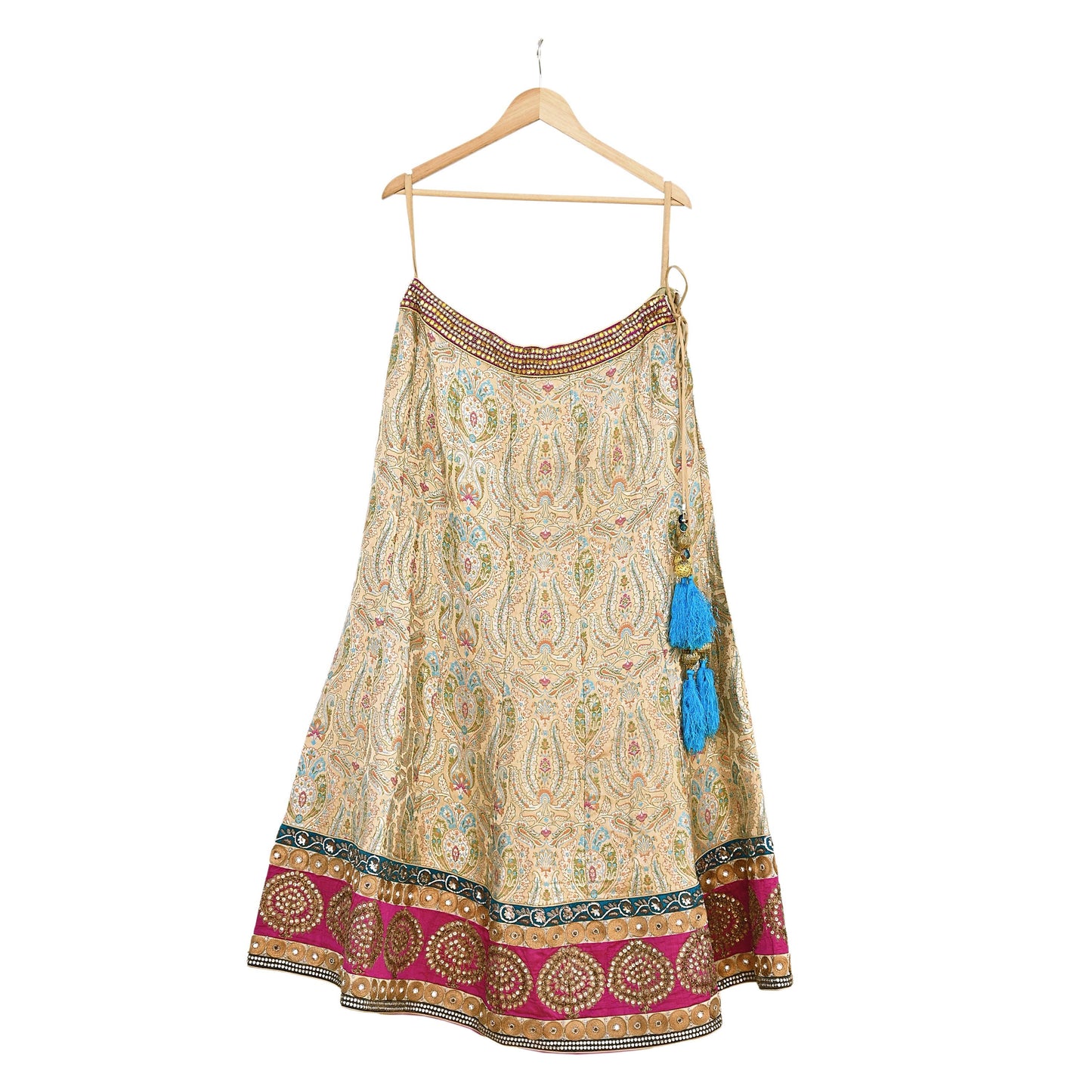 Indian Vintage Heavy Beige Pure Satin Silk Hand Embroidered Brocade Lehenga Skirt By Designer Sabyasachi Bridal Wear Dabka/ Zardozi