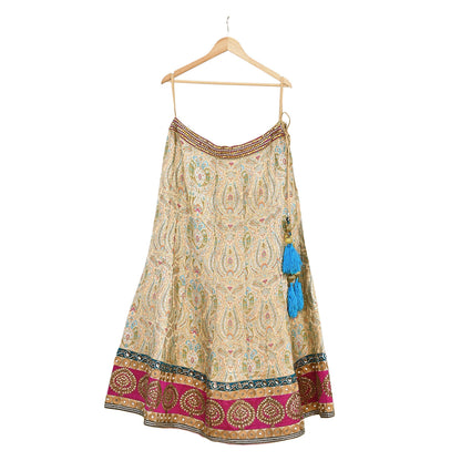 Indian Vintage Heavy Beige Pure Satin Silk Hand Embroidered Brocade Lehenga Skirt By Designer Sabyasachi Bridal Wear Dabka/ Zardozi