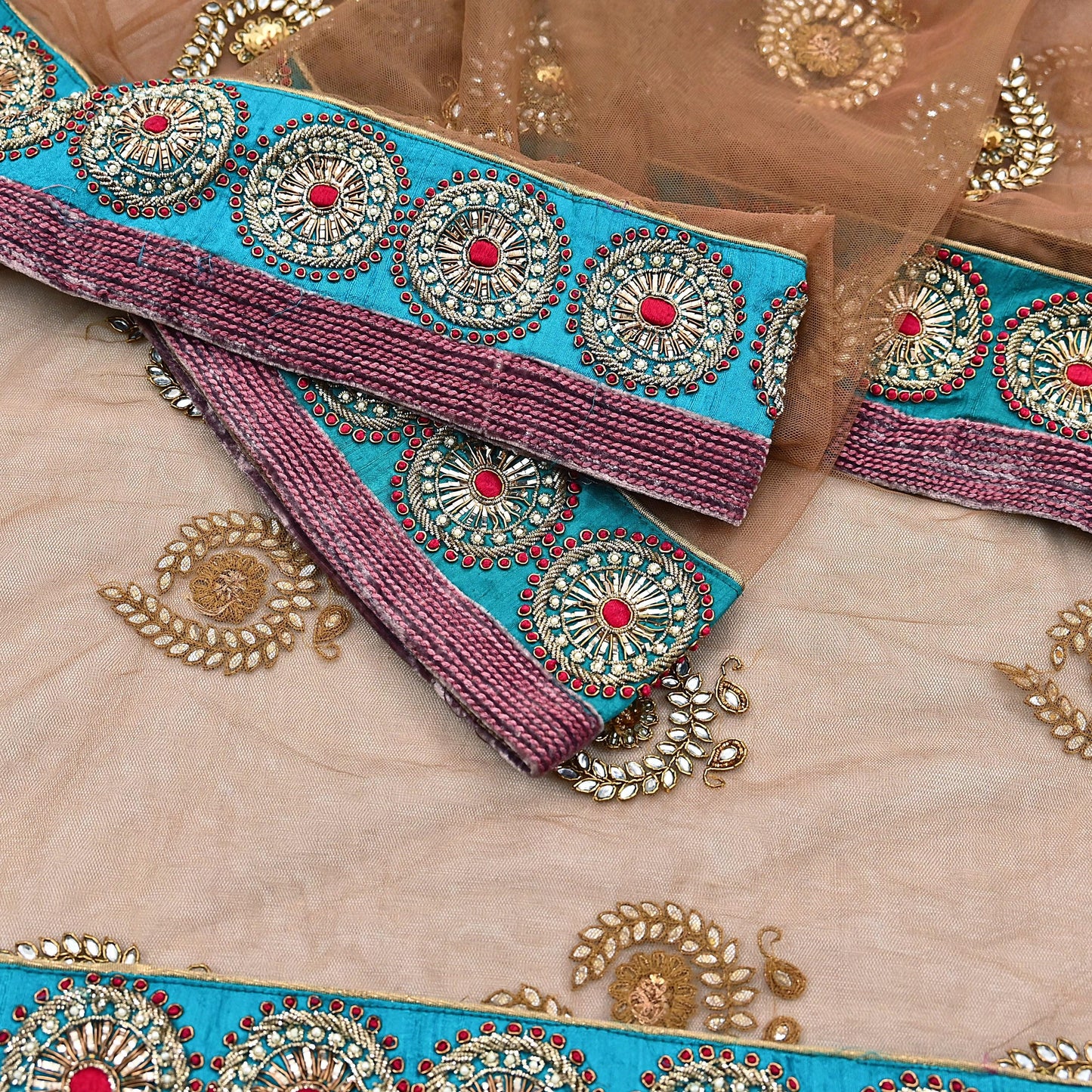 Indian Vintage Heavy Wedding Brown Net/Mesh Hand Embroidered Dupatta Designer By Manish Malhotra Bridal Wear Zardozi Veil Hijab