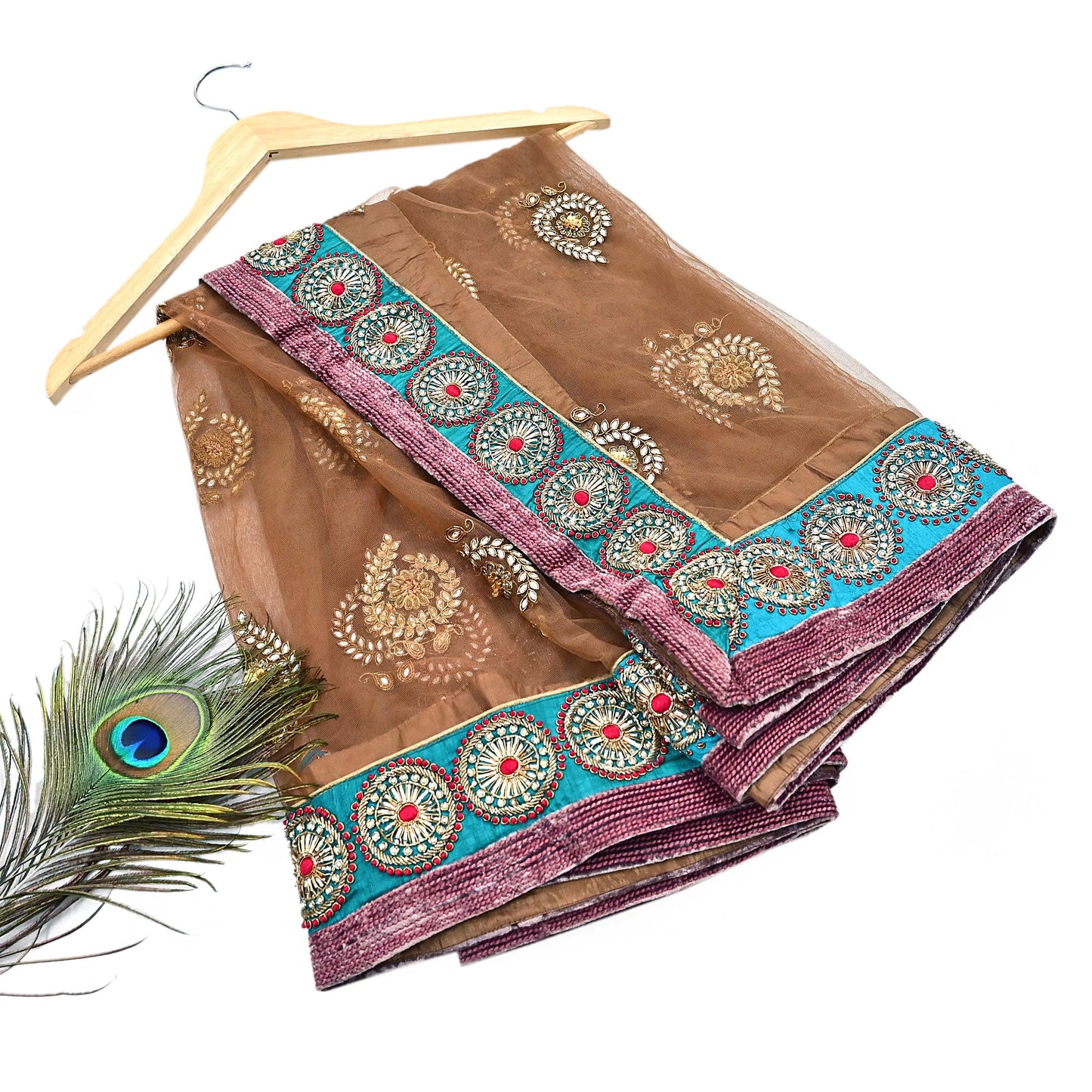 Indian Vintage Heavy Wedding Brown Net/Mesh Hand Embroidered Dupatta Designer By Manish Malhotra Bridal Wear Zardozi Veil Hijab