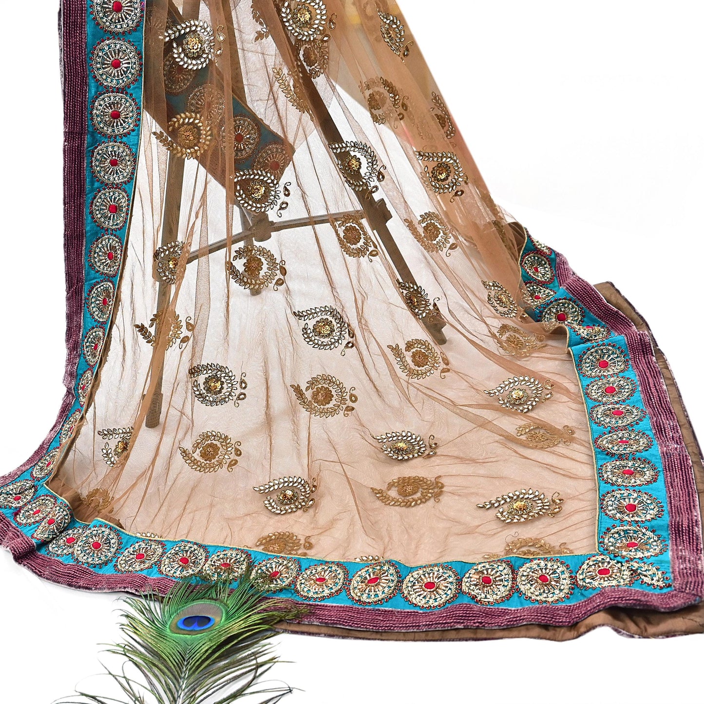 Indian Vintage Heavy Wedding Brown Net/Mesh Hand Embroidered Dupatta Designer By Manish Malhotra Bridal Wear Zardozi Veil Hijab