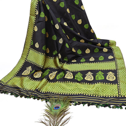 Indian Black Pat Silk Mekhela Chador Set Handwoven Assamese Traditional Wear Vintage 2-Piece Mekhela Sador
