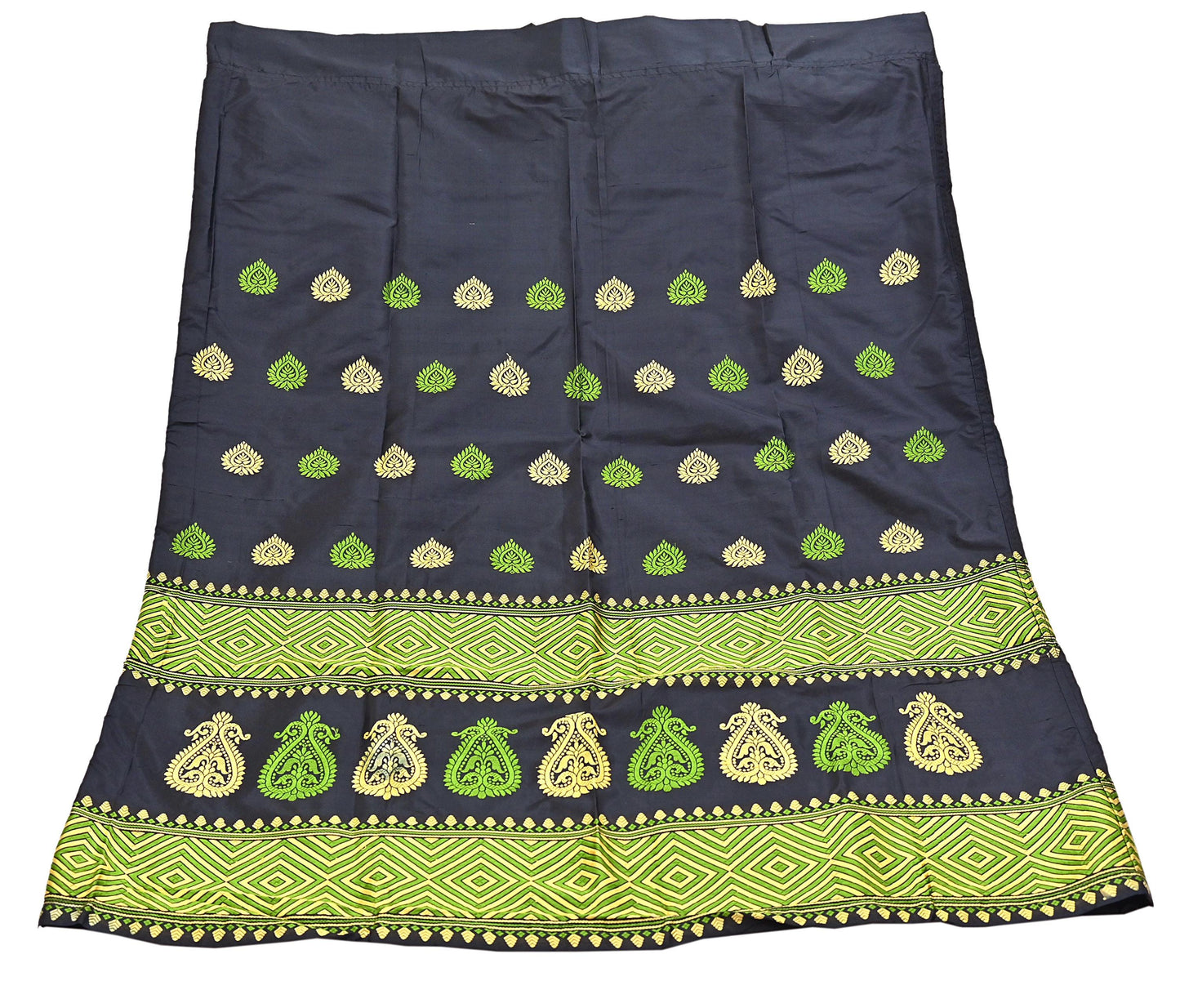 Indian Black Pat Silk Mekhela Chador Set Handwoven Assamese Traditional Wear Vintage 2-Piece Mekhela Sador
