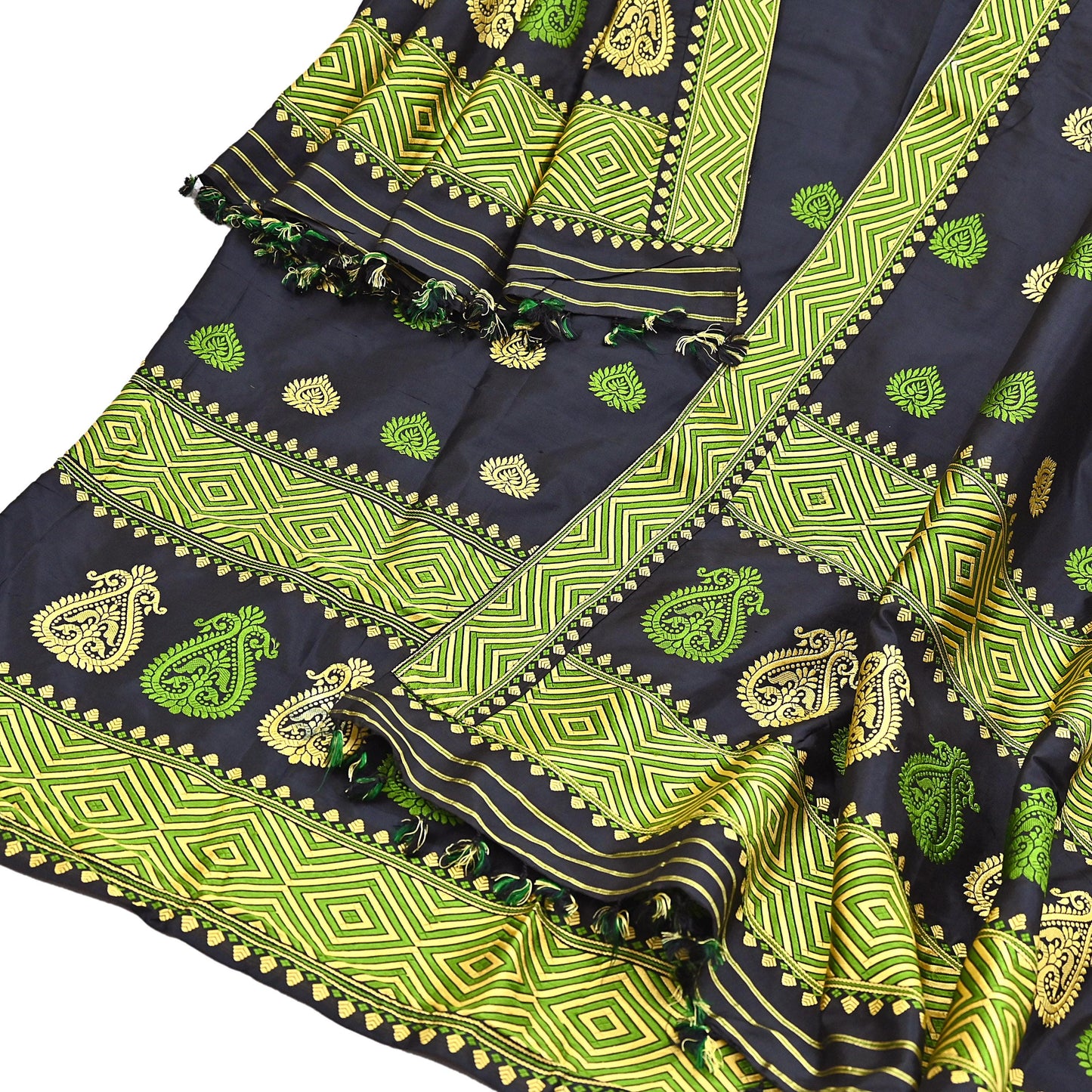Indian Black Pat Silk Mekhela Chador Set Handwoven Assamese Traditional Wear Vintage 2-Piece Mekhela Sador
