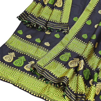 Indian Black Pat Silk Mekhela Chador Set Handwoven Assamese Traditional Wear Vintage 2-Piece Mekhela Sador