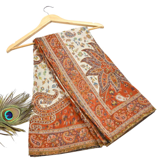 Indian Vintage Cream & Orange Pure Woolen Shawl Handmade Woven Jamawar Work Long Throw Stole Warm Paisley Design Soft