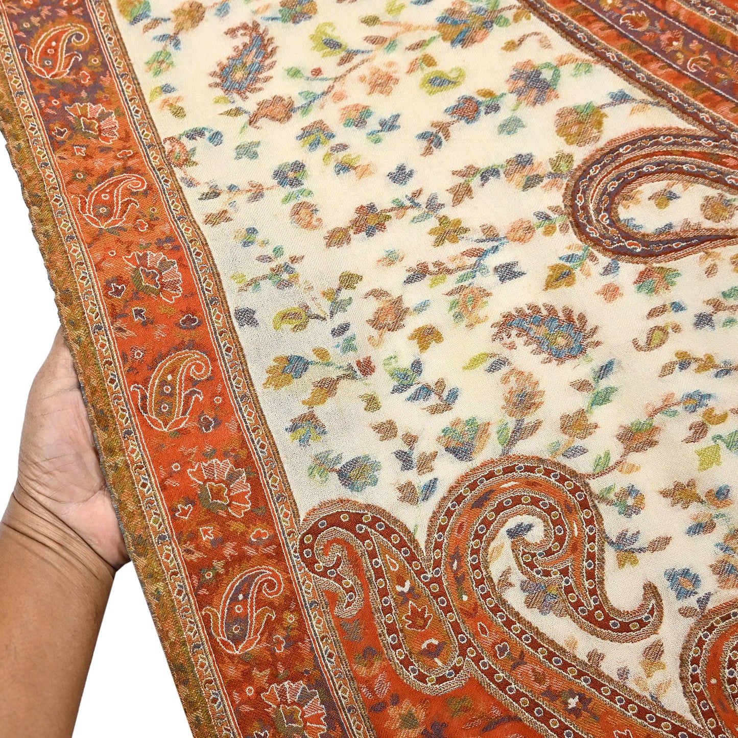 Indian Vintage Cream & Orange Pure Woolen Shawl Handmade Woven Jamawar Work Long Throw Stole Warm Paisley Design Soft
