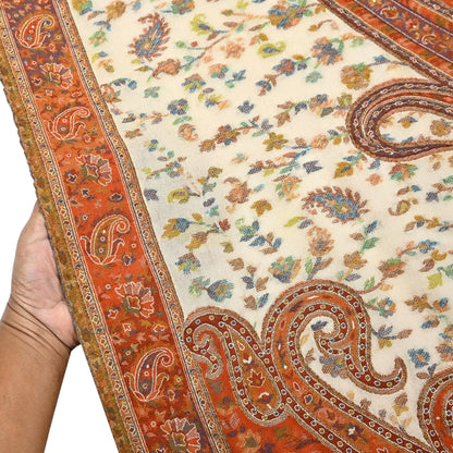 Indian Vintage Cream & Orange Pure Woolen Shawl Handmade Woven Jamawar Work Long Throw Stole Warm Paisley Design Soft