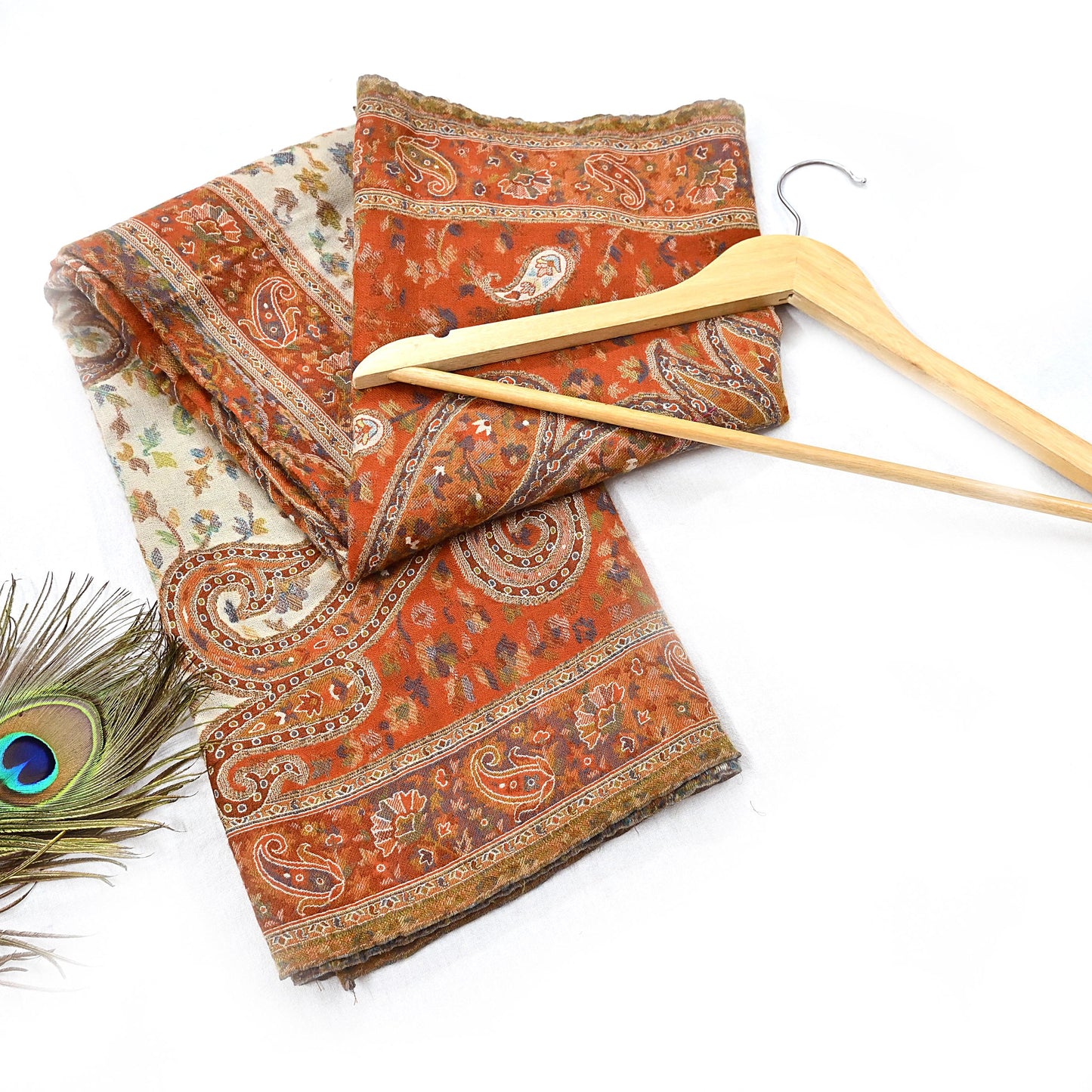 Indian Vintage Cream & Orange Pure Woolen Shawl Handmade Woven Jamawar Work Long Throw Stole Warm Paisley Design Soft