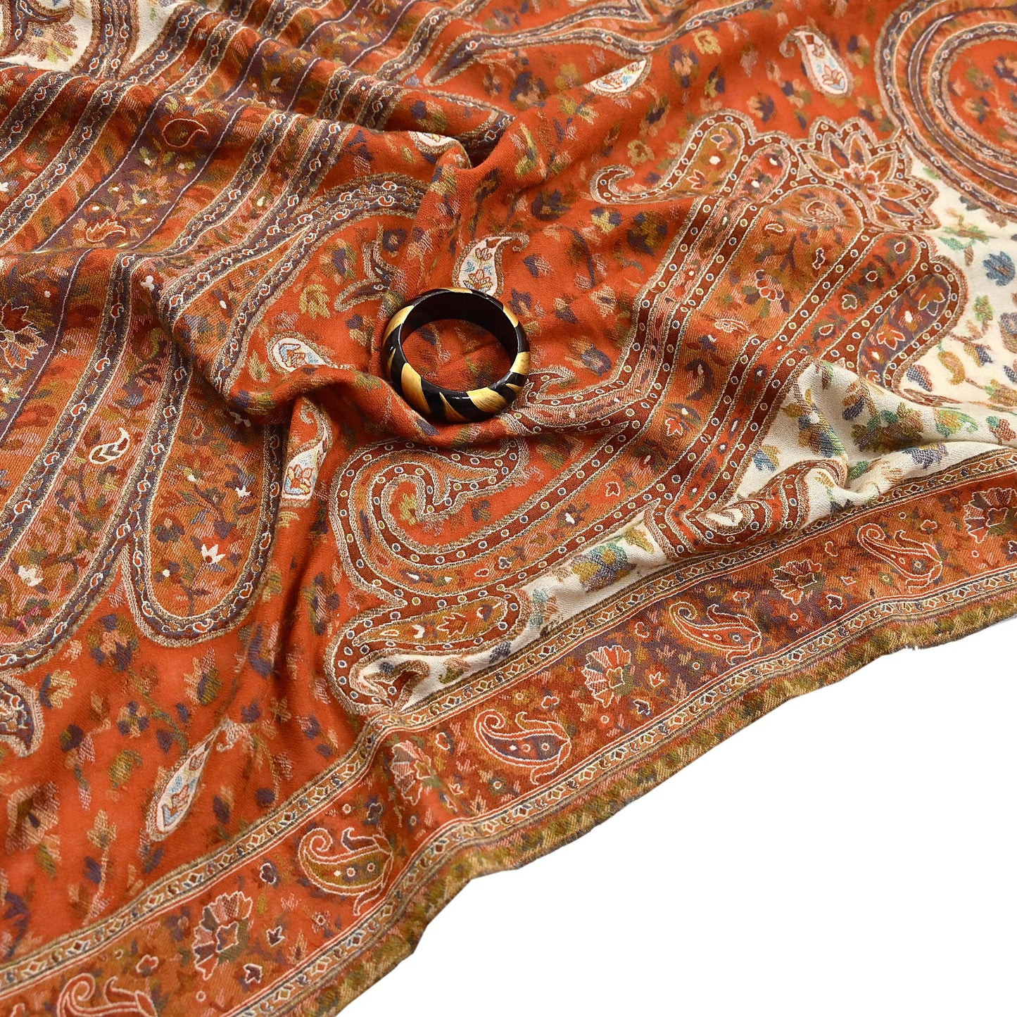 Indian Vintage Cream & Orange Pure Woolen Shawl Handmade Woven Jamawar Work Long Throw Stole Warm Paisley Design Soft