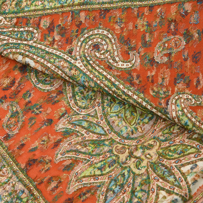 Indian Vintage Cream & Orange Pure Woolen Shawl Handmade Woven Jamawar Work Long Throw Stole Warm Paisley Design Soft