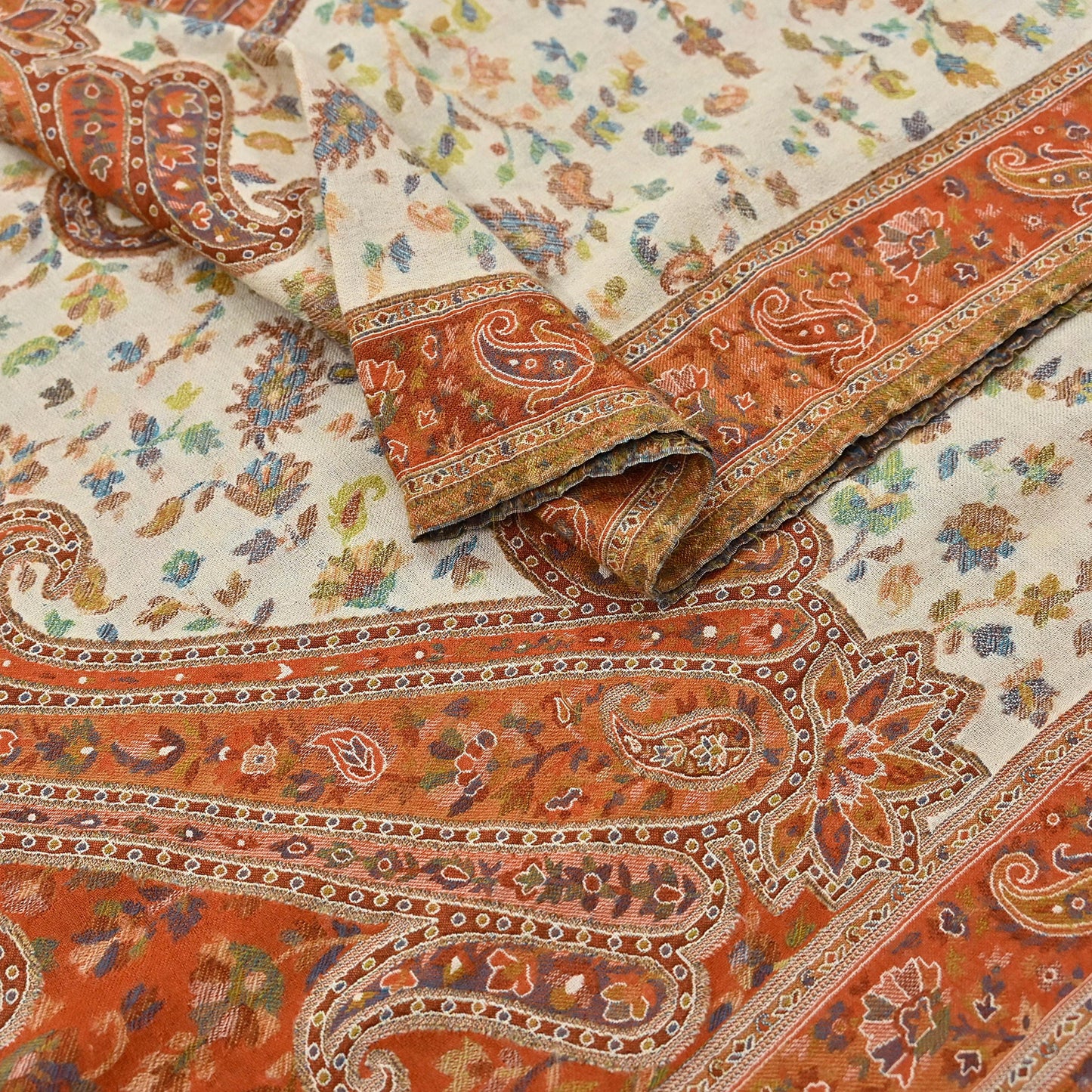 Indian Vintage Cream & Orange Pure Woolen Shawl Handmade Woven Jamawar Work Long Throw Stole Warm Paisley Design Soft