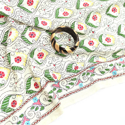 Vintage White Pure Woolen Shawl Handmade Embroidered Kantha Long Throw Stole Warm Stole ivory Floral Design