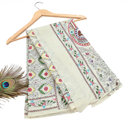 Vintage White Pure Woolen Shawl Handmade Embroidered Kantha Long Throw Stole Warm Stole ivory Floral Design