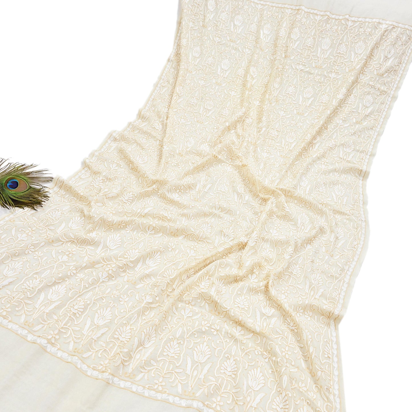 Indian Vintage Ivory Shawl Pure Pushmina Handmade Ari work Long Throw Stole Warm Paisley Design Soft Cozy