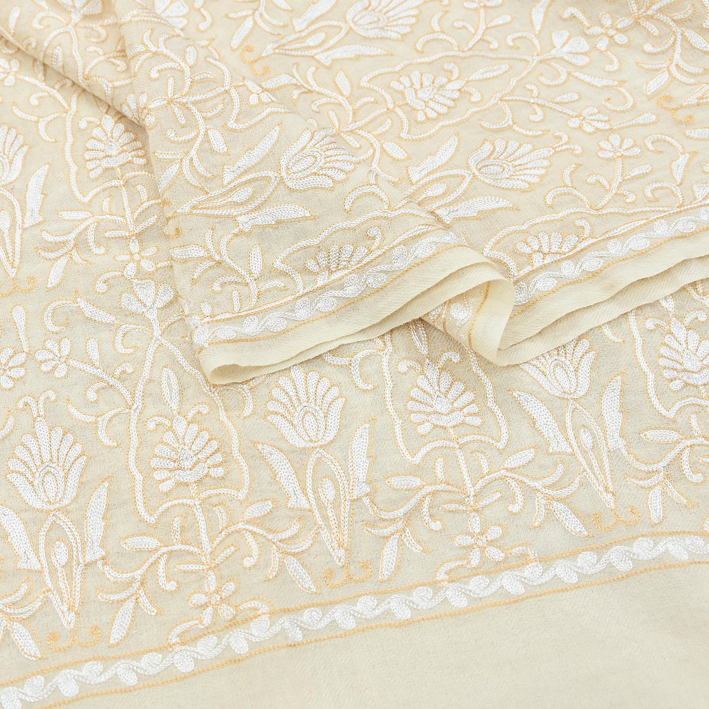 Indian Vintage Ivory Shawl Pure Pushmina Handmade Ari work Long Throw Stole Warm Paisley Design Soft Cozy