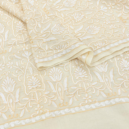 Indian Vintage Ivory Shawl Pure Pushmina Handmade Ari work Long Throw Stole Warm Paisley Design Soft Cozy