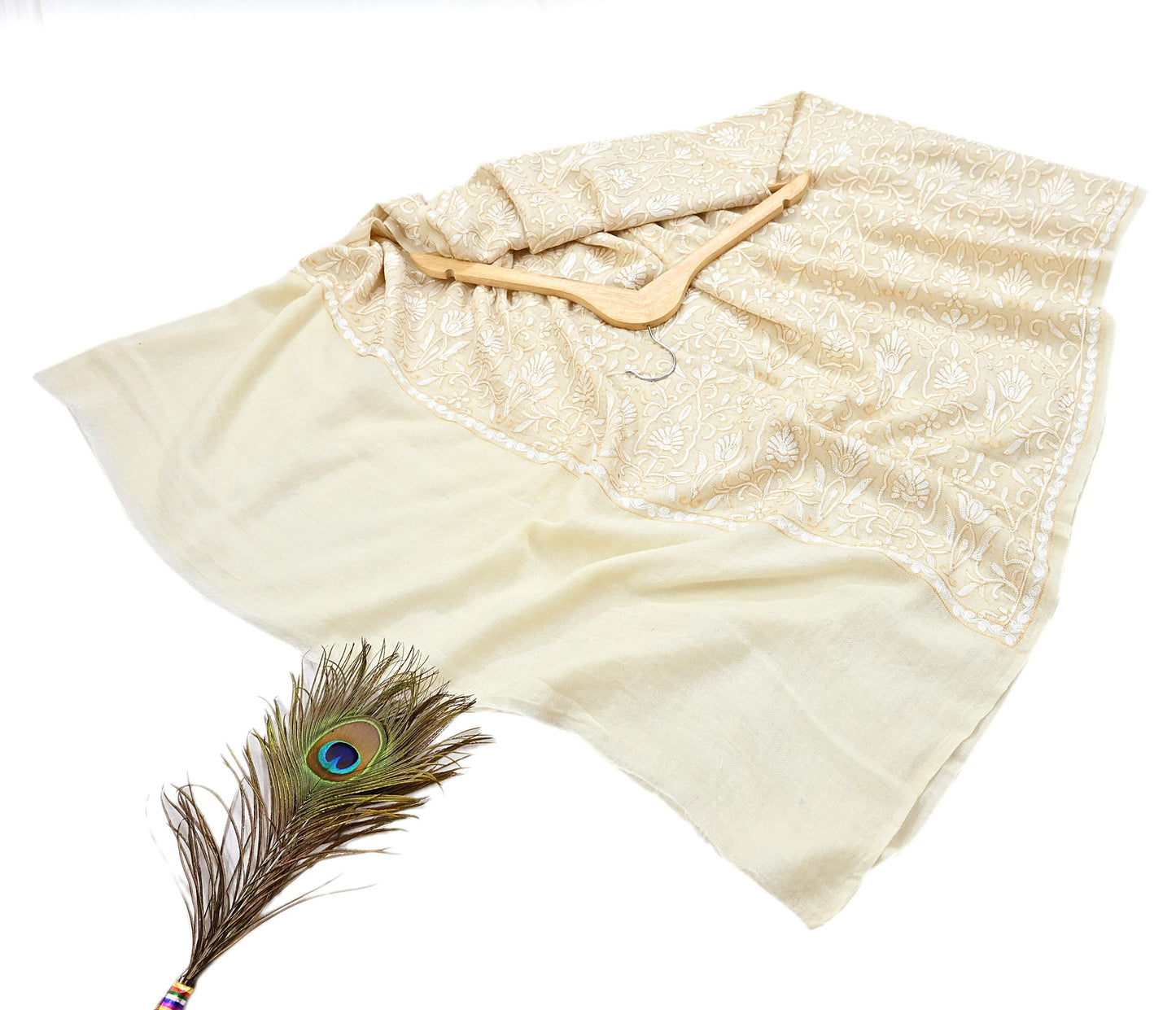 Indian Vintage Ivory Shawl Pure Pushmina Handmade Ari work Long Throw Stole Warm Paisley Design Soft Cozy