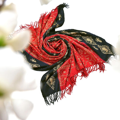 Vintage Black & Red Wool Shawl Hand-Embroidered Suzani Stole Pure Wool Wrap warm soft