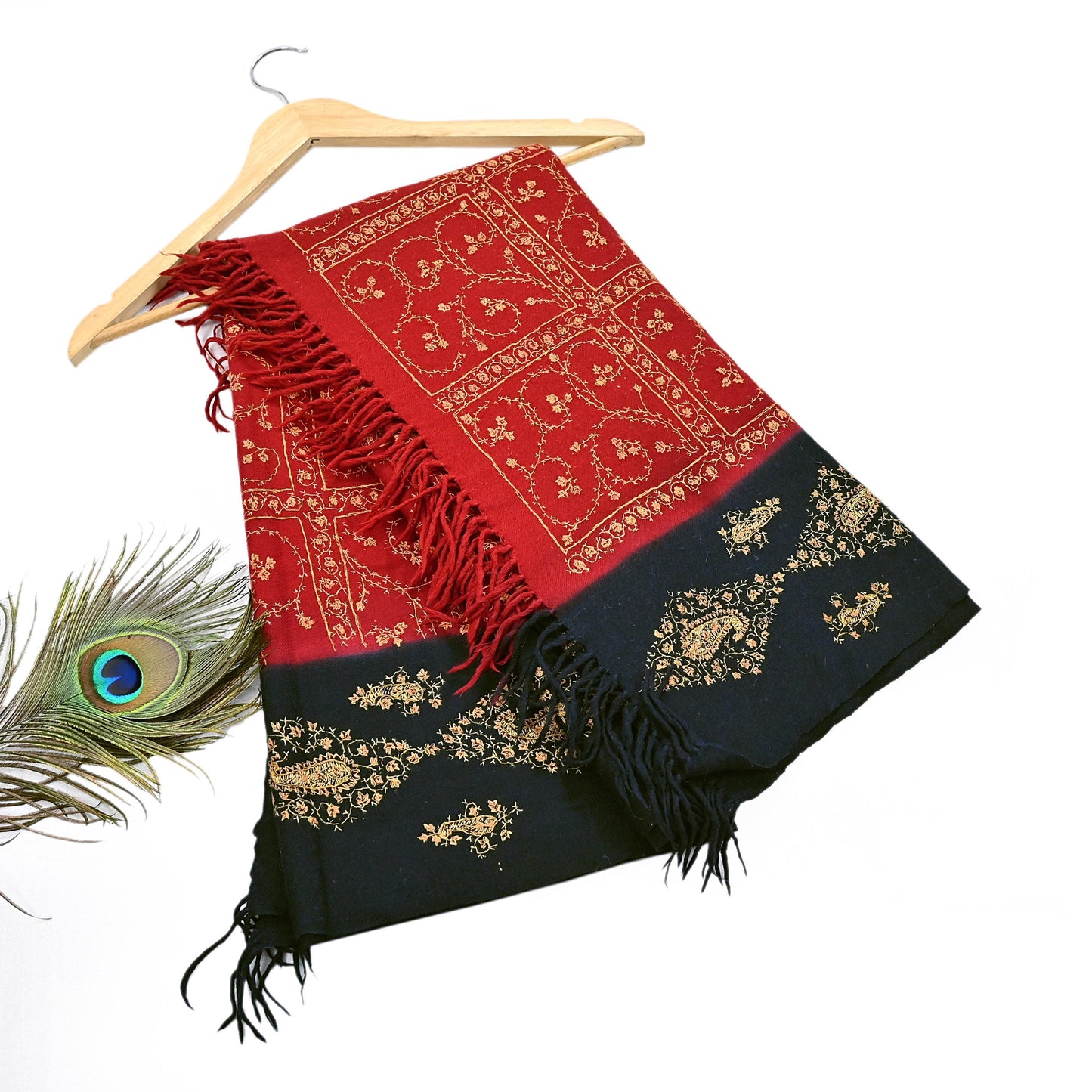 Vintage Black & Red Wool Shawl Hand-Embroidered Suzani Stole Pure Wool Wrap warm soft