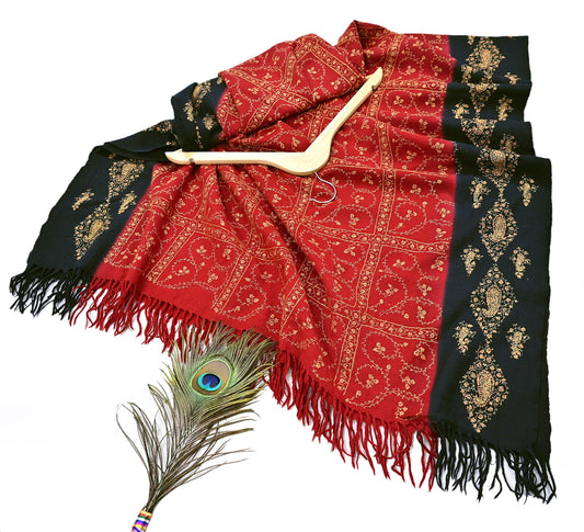 Vintage Black & Red Wool Shawl Hand-Embroidered Suzani Stole Pure Wool Wrap warm soft