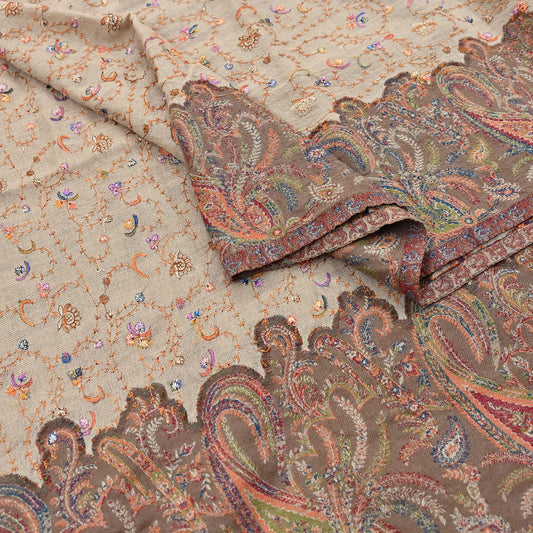 Vintage Shawl Brown & Beige Pure Woolen Shawl Handmade Embroidered Long Throw Stole Warm Floral Fringes Soft Cozy For Women's For Winter