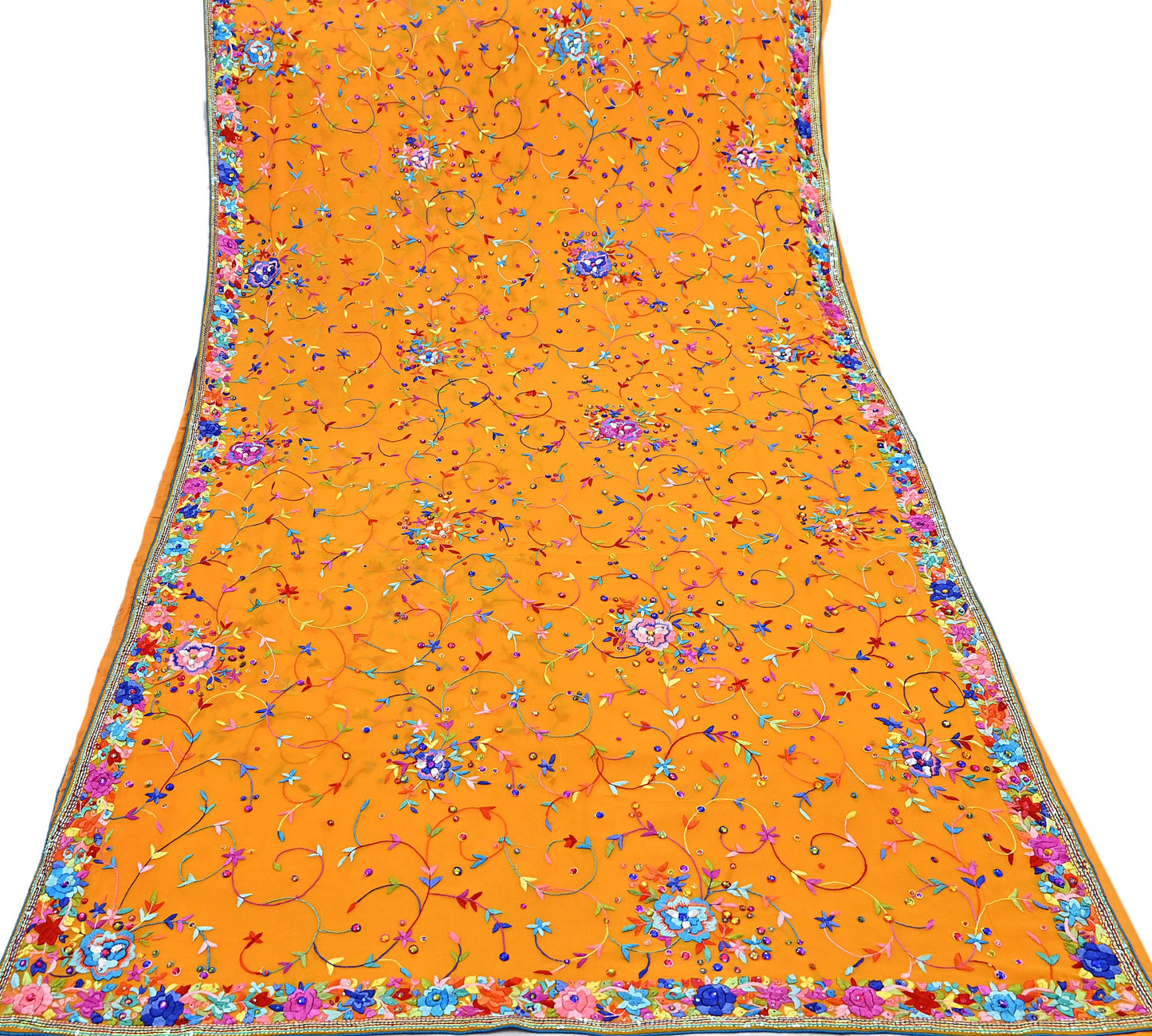 Indian Vintage Heavy Sari saffron Pure Georgette Silk Hand Embroidered Parsi Gara Sarees Craft Fabric 5Yd Sewing Dress making Wedding sari