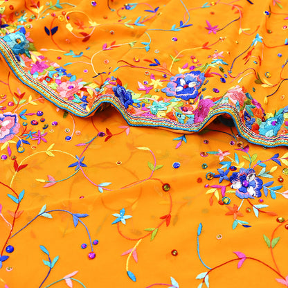 Indian Vintage Heavy Sari saffron Pure Georgette Silk Hand Embroidered Parsi Gara Sarees Craft Fabric 5Yd Sewing Dress making Wedding sari