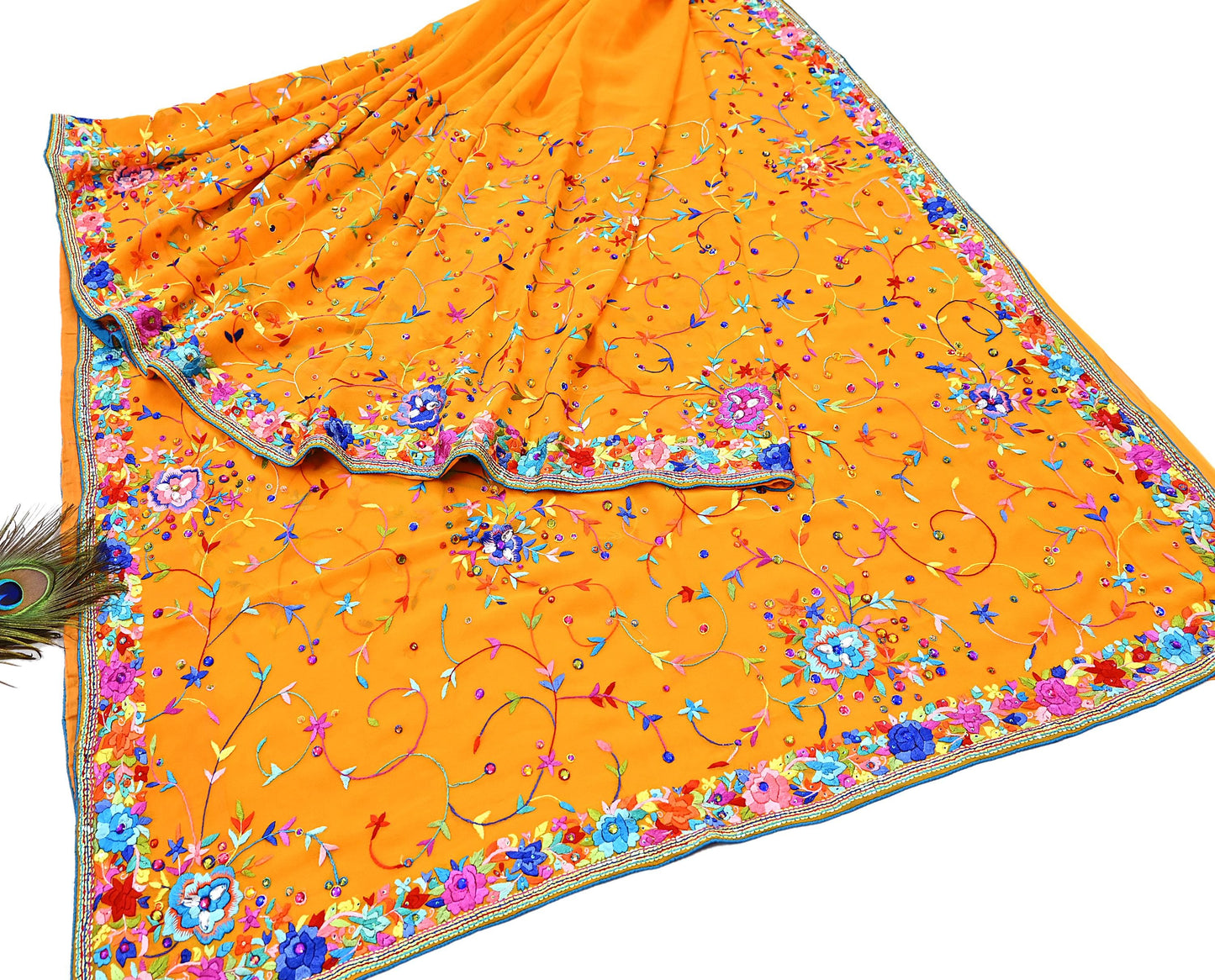 Indian Vintage Heavy Sari saffron Pure Georgette Silk Hand Embroidered Parsi Gara Sarees Craft Fabric 5Yd Sewing Dress making Wedding sari