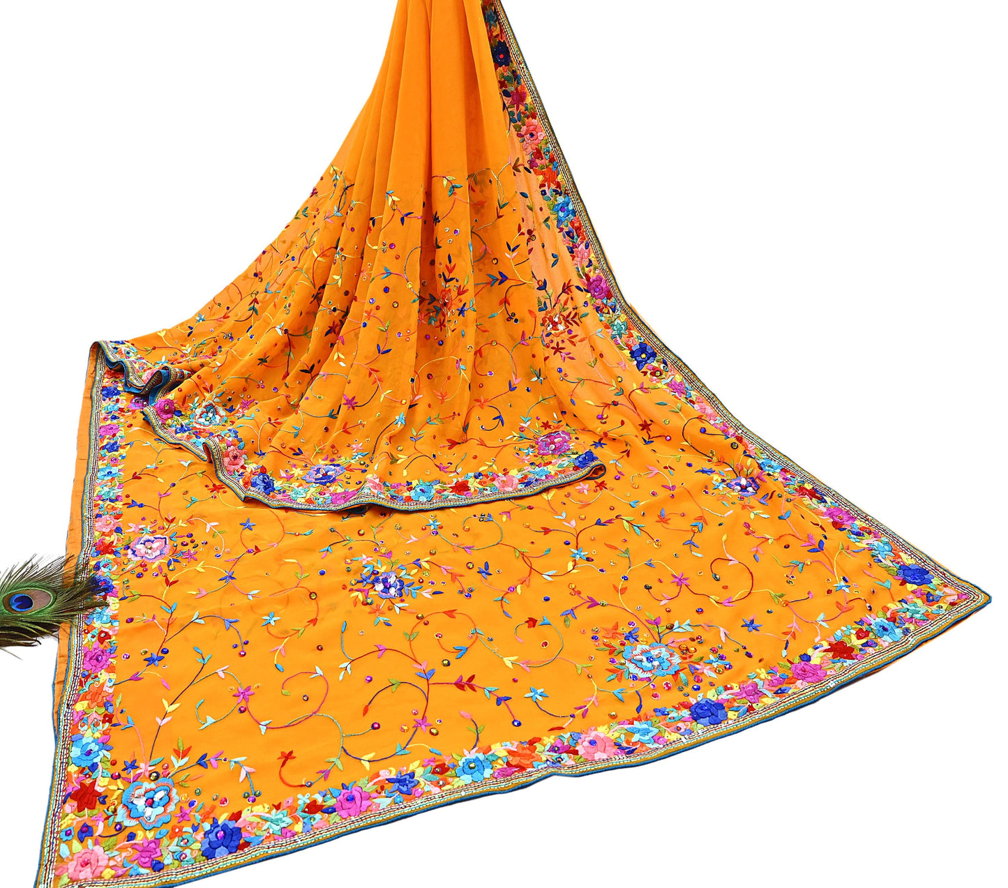 Indian Vintage Heavy Sari saffron Pure Georgette Silk Hand Embroidered Parsi Gara Sarees Craft Fabric 5Yd Sewing Dress making Wedding sari