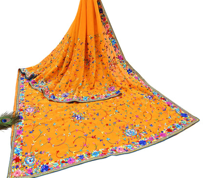 Indian Vintage Heavy Sari saffron Pure Georgette Silk Hand Embroidered Parsi Gara Sarees Craft Fabric 5Yd Sewing Dress making Wedding sari