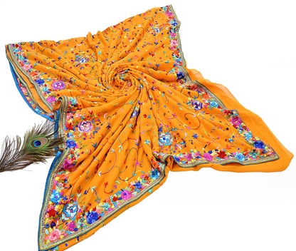 Indian Vintage Heavy Sari saffron Pure Georgette Silk Hand Embroidered Parsi Gara Sarees Craft Fabric 5Yd Sewing Dress making Wedding sari